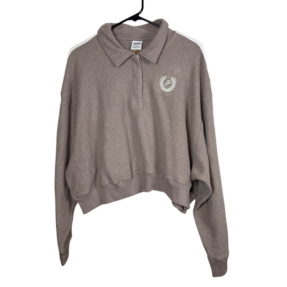 PINK by Victoria Secret Cropped Pullover Sweatshirt Athletic Stripe Taupe XXL